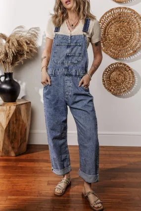 Combinaison en denim bleu voile à jambe droite avec poches
